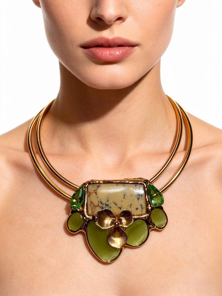 Collar Alas Esmeralda, ala de mariposa verde engastada en oro