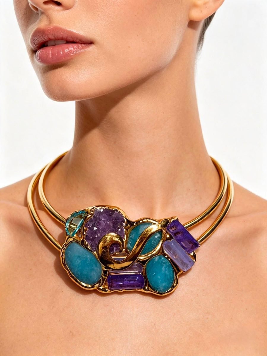 Collar Vuelo de Primavera, ala de mariposa verde y dorada engastada en oro
